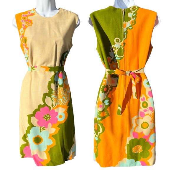 Vintage Dresses & Skirts - Vintage 60s Mod Floral Woven Shift Sheath Dress Tan Orange Green Pink